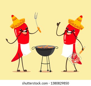 Funny Mexican chillies make barbecues. Vector cartoon characters for a sunny and summer barbecue.