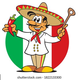 funny mexican comic cook with a sombrero on his head presents mexican food and holding up a wooden spoon and a hot pepper