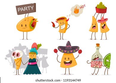 Funny mexikanisches Essen und Trinken, Vektorset. Cute nachos, Tequila, Kalk, Burrito und Taco Cartoon-Charakter mit unterschiedlichen Emotionen einzeln auf weißem Hintergrund.