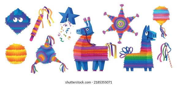 Funny Mexican horse pinata. Blue donkey with heart. Toys for Mexico holiday or birthday carnival. Paper figures. Confetti and ribbons. Striped colorful pony. Vector illustration set