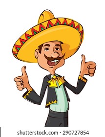 Funny mexican man with sombrero and mustache showing thumbs up