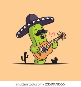 Funny mexican mariachi cactus playing guitar in the desert, vector cartoon illustration