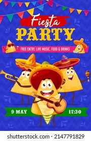 Funny mexican nachos chips characters of mexican fiesta party flyer. Vector tortilla nachos with sombrero hats playing guitar, maracas and trumpet, cartoon happy triangle chips of Mexico fast food