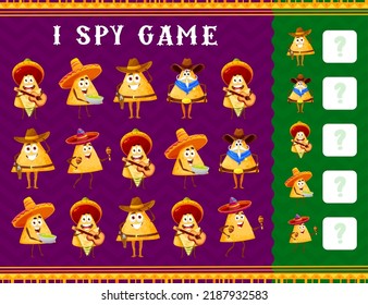 Funny mexican nachos chips characters, I spy kids game worksheet. Vector educational puzzle with tex mex nacho mariachi, sheriff or cowboy personages on playing field, kindergarten preschool riddle