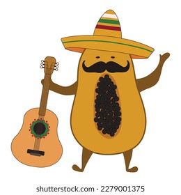 Funny Mexican papaya with sombrero and guitar on white backgroun