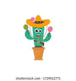 Funny mexican Сactus plant with sombrero hat and maracas. Design for baby girl, print on t-shirt, sweatshirts, decoration birthday invitation, greeting card, banner, poster, souvenirs.