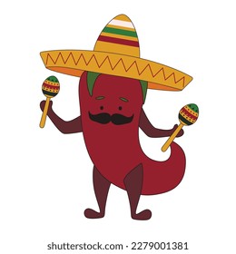 Funny Mexican red pepper with sombrero and maracas on white back