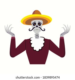 Funny mexican skeleton shrugging and confused about anything. isolated flat vector illustration on white background