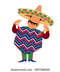 Funny Mexican in sombrero and poncho. Holds Chili Peppers