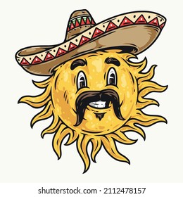 Funny Mexican sun with mustache wearing sombrero against white background, vector illustration