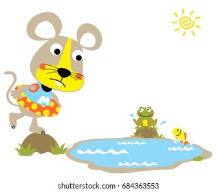 Funny mice with buoy, frog and fish in pond, vector cartoon illustration
