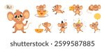 Funny mice. Cartoon mouse with cheese, rest in cup, singing, flying on balloon. Cute tiny animal sleep and run, children emotional mascots, classy vector set