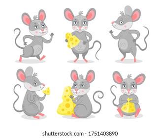 Funny mice characters flat icon set. Cute happy mouse eating cheese isolated vector illustration collection. Cartoon mice concept