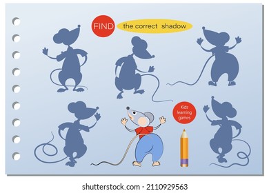 Funny mice. Cheerful little mouse. Cartoon characters. Find the correct shadow. Game for kids. Educational matching game for children. Vector illustration. 