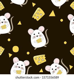 Funny mice and cheese on black background.