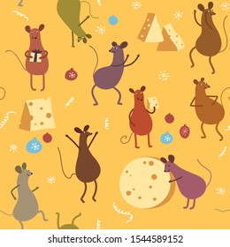 Funny mice are dancing and eating cheese on yellow background. New Year seamless pattern.