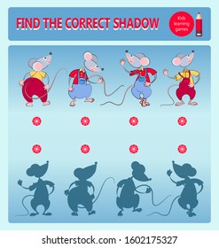 Funny mice. Educational game for children. Find the correct shadow. Design for print. Cartoon vector illustration. A collection of children's educational games.