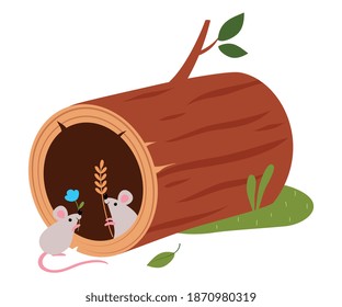 Funny Mice as Forest Animal Pepped Out from Hollow Log Vector Illustration