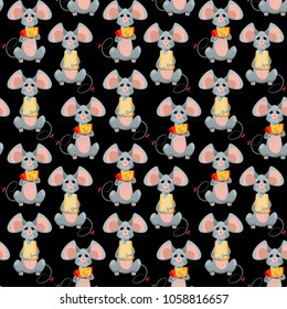 Funny mice holding pieces of cheese in their paws. Seamless background pattern. Vector illustration
