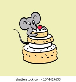 Funny mice. Mouse character enjoying huge cake on its birthday. Cartoon hand drawn contour vector illustration.