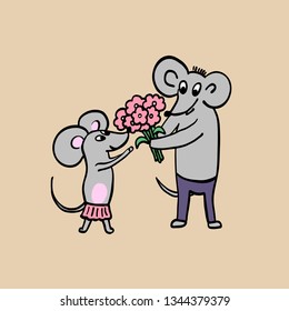 Funny mice. Mouse characters: male gives flower bouquet to female. Cartoon hand drawn contour vector illustration.