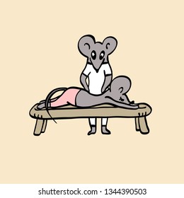 Funny mice. One mouse character in white medical clothes massages another on the couch. Cartoon hand drawn contour vector illustration.