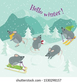 Funny mice play winter games: skiing, playing snowballs, sledding, ice skating, sculpting a snowman. Vector illustration Hello winter.