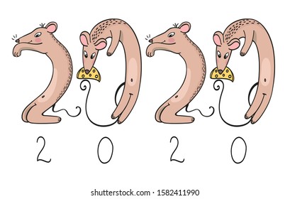 Funny mice, symbol of 2020. Banner for your design. Happy New Year, 2020, Chinese New Year Greetings. Rats in the shape of the inscription 2020.