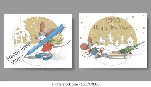 Funny mice, symbol of 2020. Greeting cards for Happy New Year 2020, background, banners for your design. Vector graphic, EPS 10.