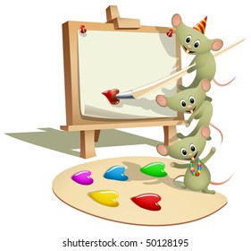 Funny Mice Teaching How to Paint (vector). Can be used as valentines card