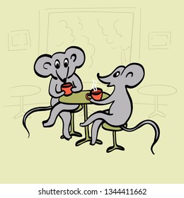Funny mice. Two mouse characters talking and drinking tea or coffee in a cafe. Cartoon hand drawn contour vector illustration.
