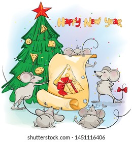 A lot of funny mice under the Christmas tree