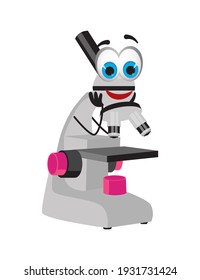 Funny Microscope with eyes on white background, flat design vector illustration