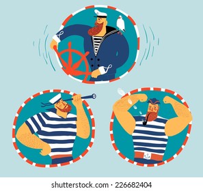 Funny mighty cartoon sailors set. Colorful, bright and editable.