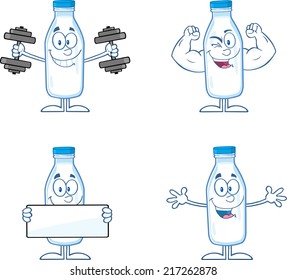 Funny Milk Bottle Cartoon Mascot Characters 1. Vector Collection Set