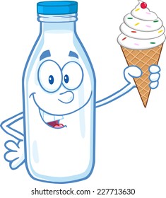Funny Milk Bottle Character Holding A Ice Cream. Vector Illustration Isolated On White Background