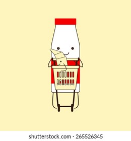Funny milk bottle with red cap, small eyes, big smile, legs, hands and red sticker carrying plastic shopping cart with funny croissant standing inside it isolated on yellow background. Design element