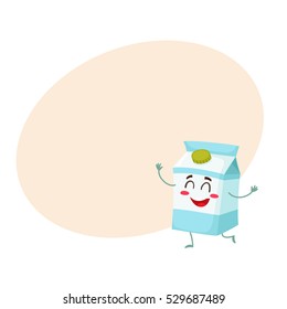 Funny milk box character with a shy smile, cartoon style vector illustration on yellow background with place for text. Cute milk cardboard character with eyes, legs, and a wide smile