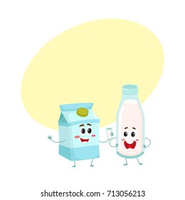 Funny milk characters, bottle and carton box, with smiling human faces, cartoon vector illustration with space for text. Cute, funny bottle and carton box of milk characters, dairy products