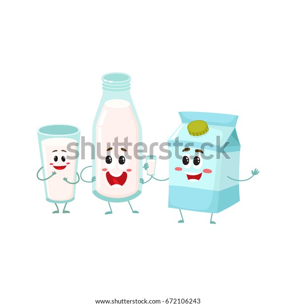 白い背景におかしなミルクキャラクター ボトル ガラス 人間のにこやかな顔を持つカートンボックス カートンベクターイラスト かわいい牛乳 瓶 ガラス カートンボックスのキャラクター 乳製品 のベクター画像素材 ロイヤリティフリー