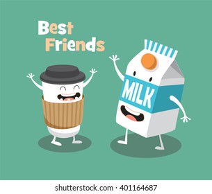 Funny Milk and cup of coffee. Vector cartoon. Comic characters. Breakfast