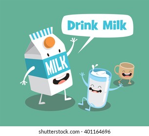 Funny Milk and Cup. Vector cartoon. Comic characters. Breakfast