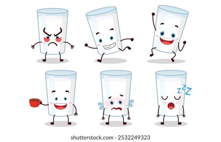 Funny Milk en personaje de dibujos animados de vidrio con varias Ilustraciones vectoriales de actividad de pose