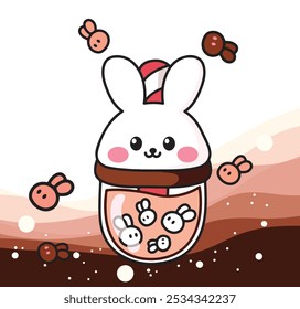 Taza de té divertida de la leche con la cabeza linda del conejo