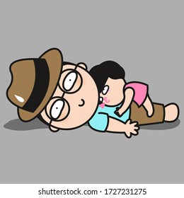 Funny Miniature Girl Sitting On Her Resting Boyfriend Chest. Couple Life Concept Card Character illustration