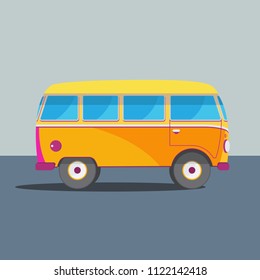 Funny minibus travelling in a cartoon style. Flat vector illustration of yellow minibus on blue background.