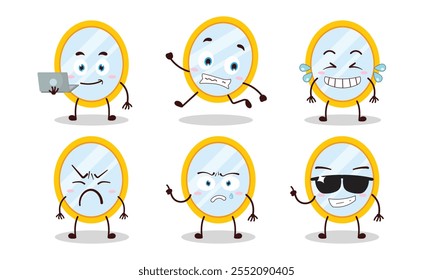 funny mirror cartoon character with many pose activity design illustration