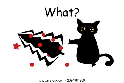 A funny mischievous black cat dropped a Christmas tree with balls and looks in surprise and asks What? Festive new year card with animal. Vector.