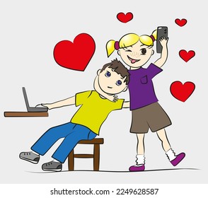 Funny and mischievous cartoon girl hugs boyfriend's neck and takes a selfie, love picture, cute characters, hearts, mi-mi-mi