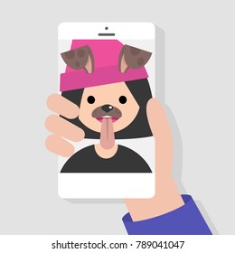Funny mobile app. Dog muzzle filter. Millennials using smart phones. Flat editable vector illustration, clip art